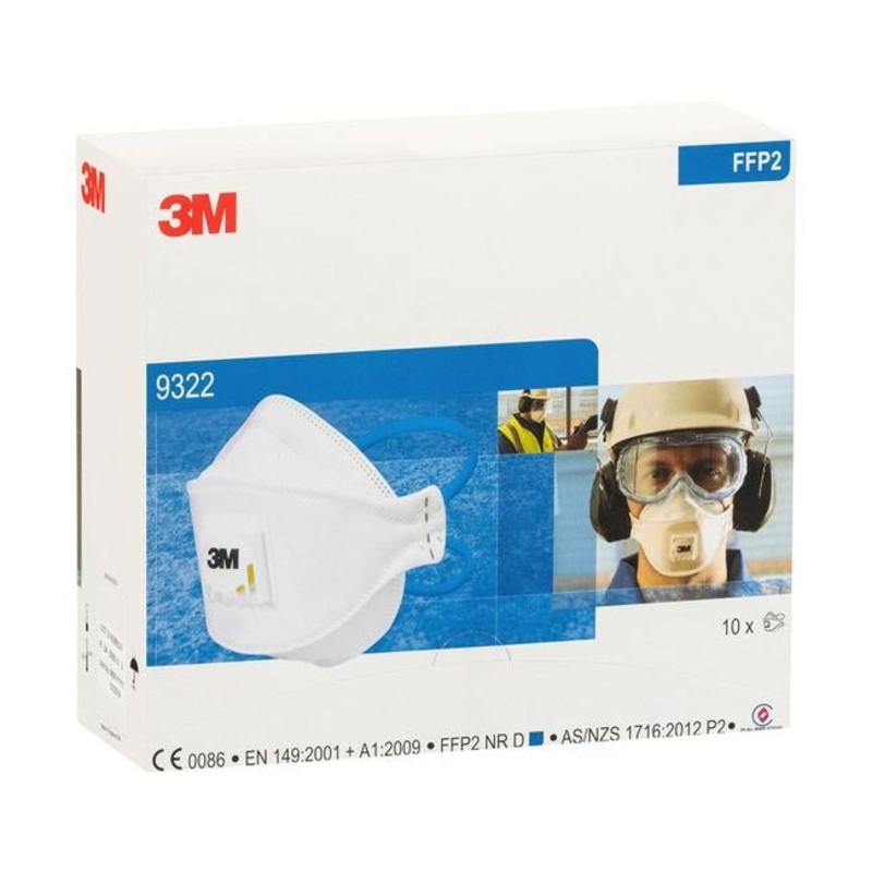 3M Respirator Aura 9322A+ Flat Fold Standard White P2 Pk/10