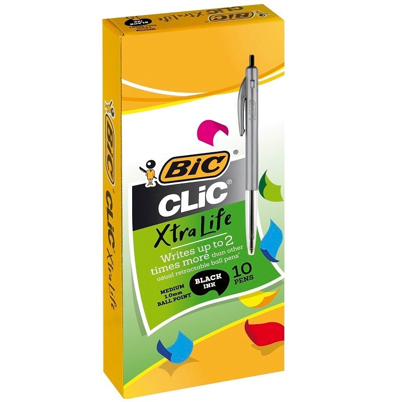 Bic Clic Xtra Life Medium Ballpoint Pen Black Box 10