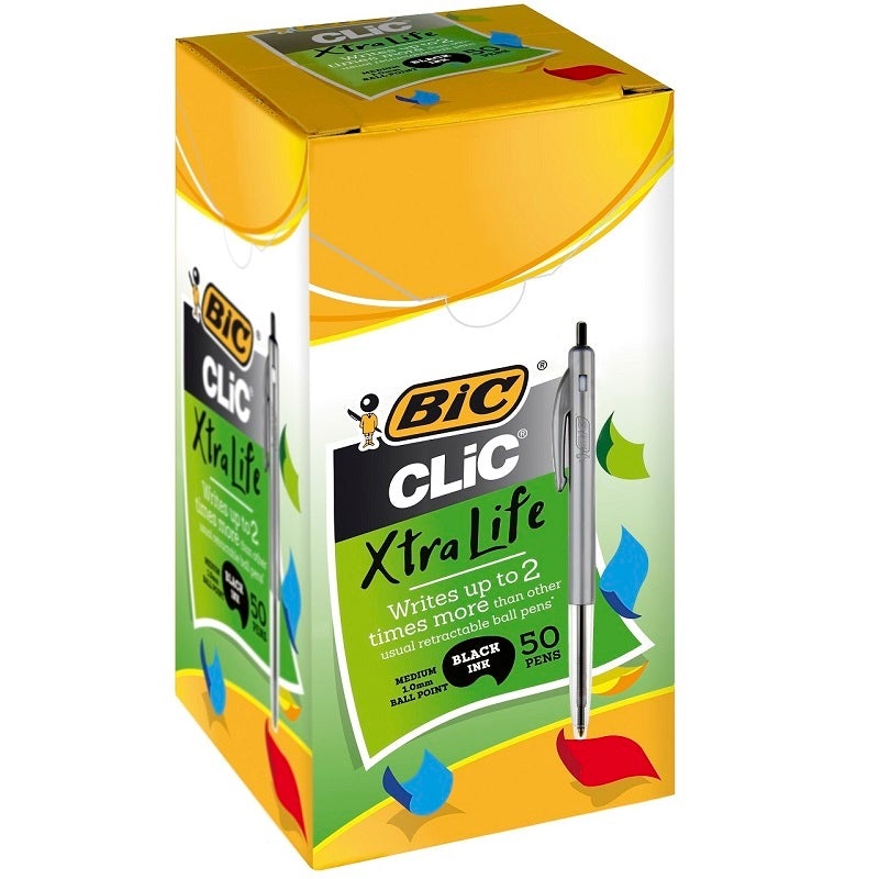 Bic Clic Xtra Life Medium Ballpoint Pen Black Box 50