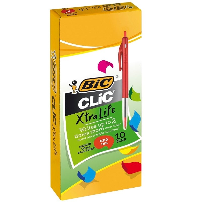 Bic Clic Xtra Life Medium Ballpoint Pen Red Box 10