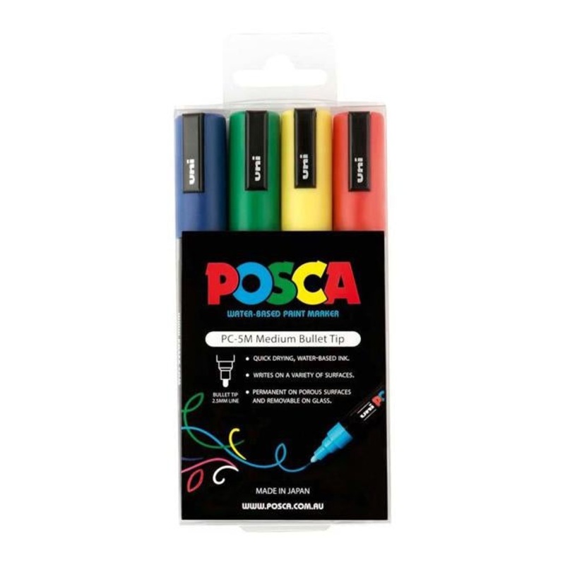 Uni Posca Marker 1.8-2.5mm 4 Pack Green Yellow Red Blue PC-5M