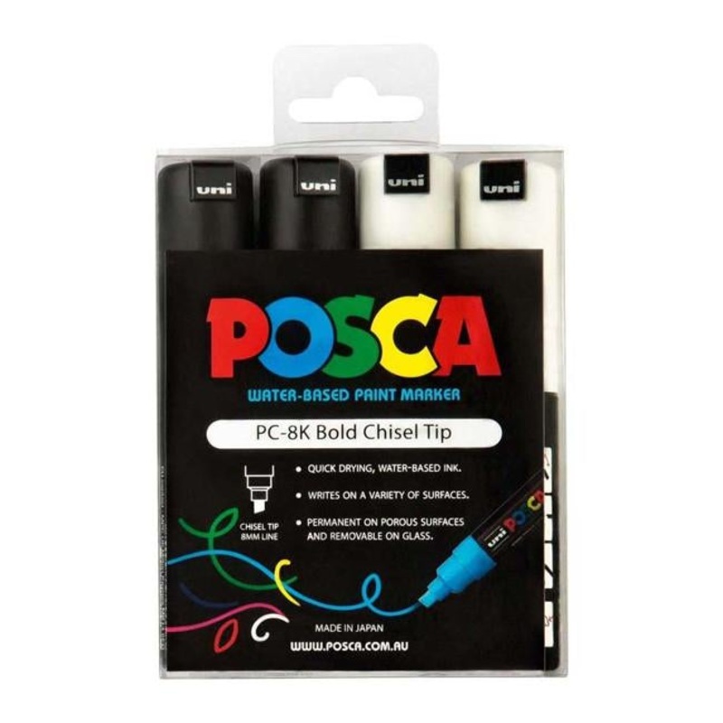 Uni Posca Marker 8.0mm Bold Chisel 4 Pack Black White PC-8K