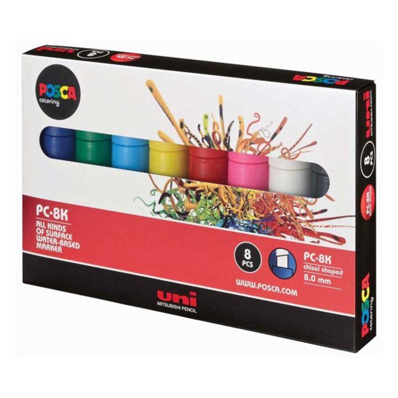 Uni Posca Marker 8.0mm Bold Chisel 8 Pack Asstd PC-8K