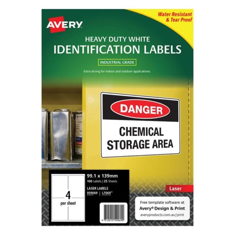 Avery Heavy Duty Id Label L7069 White 4 Up 25 Sheets Laser 99.1x139mm