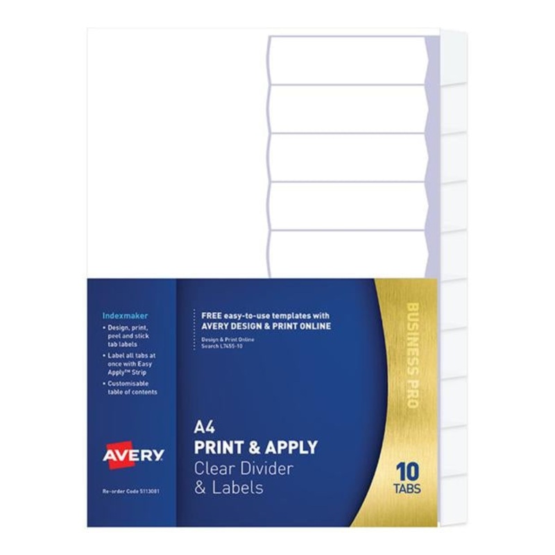 Avery Indexmaker A4 10 Tab Clear With Easy Apply Label L7455-10