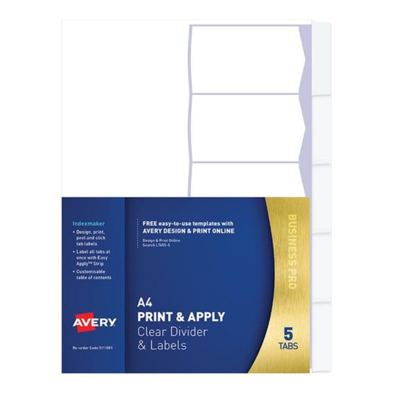 Avery Indexmaker A4 5 Tab Clear With Easy Apply Label L7455-5