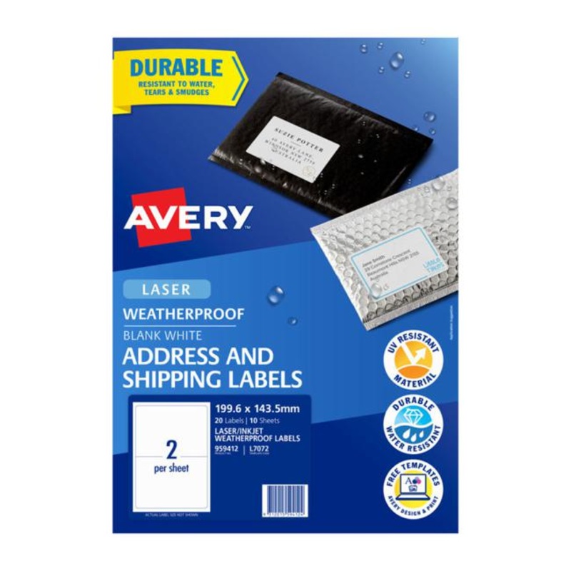 Avery Weatherproof Label L7072 199.6143.5mm 2up 10 Sheets