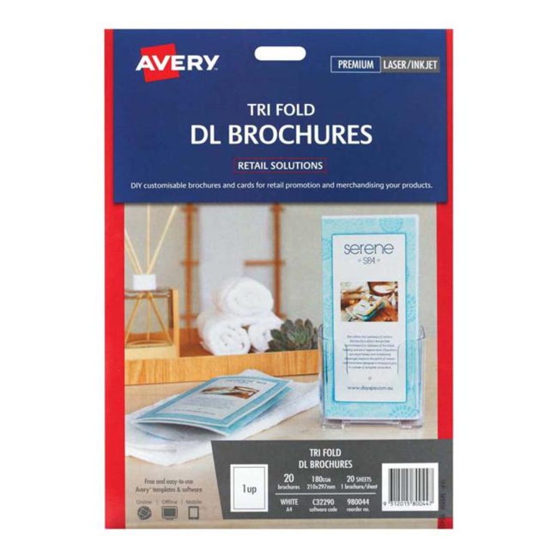 Avery Brochures C32290 Tri Fold Dl A4 1up 20 Sheets Inkjet Laser