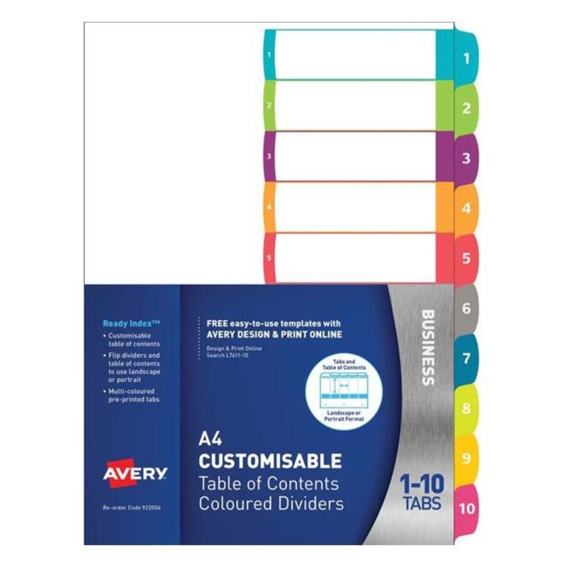 Avery Customisable Table Of Contents A4 1-10 Tabs Coloured