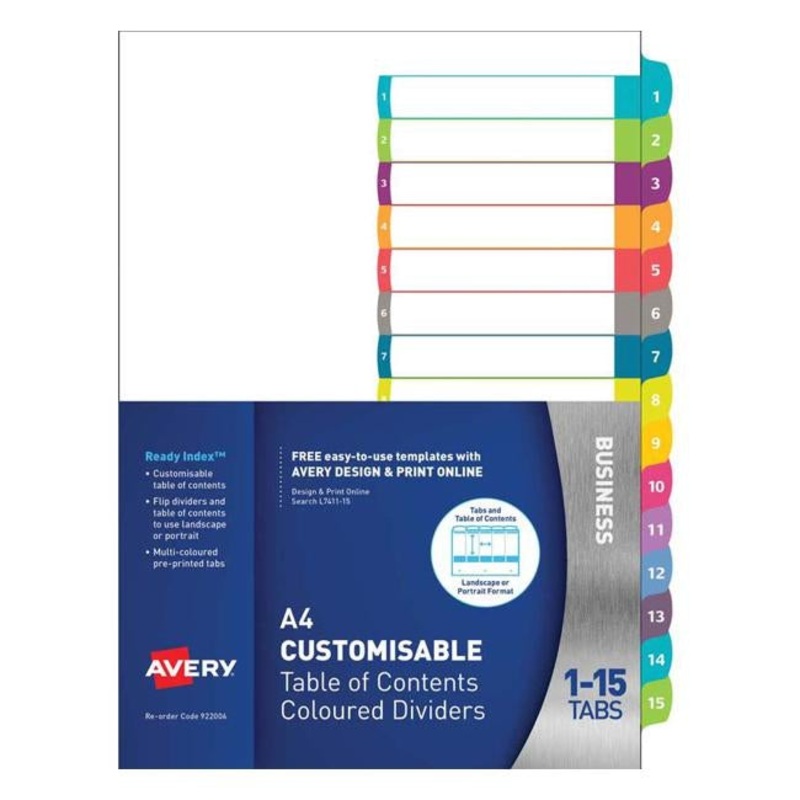 Avery Customisable Table Of Contents A4 1-15 Tabs Coloured