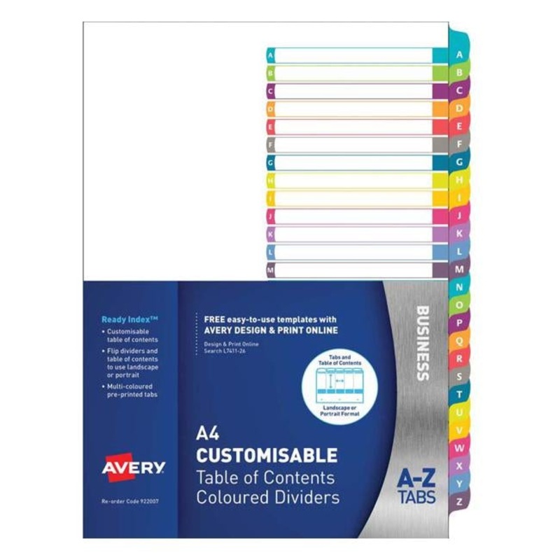 Avery Customisable Table Of Contents A4 A-Z Tabs Coloured