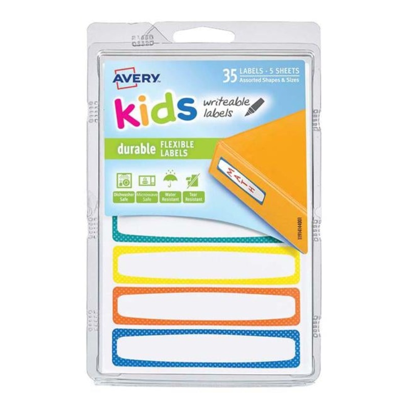 Avery Label Kids Durable Blue Orange Yellow Green Neon Border 89x16mm 7up 5 Sheets