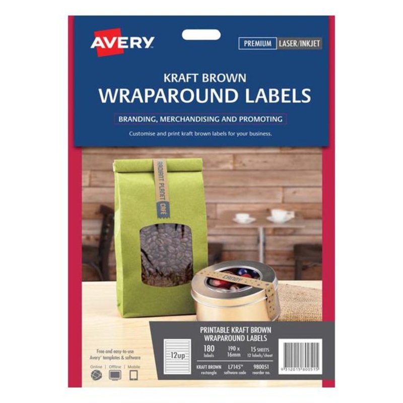 Avery Label L7145 Wrapround Kraft Inkjet 190x16mm 12up 15 Sheets Laser