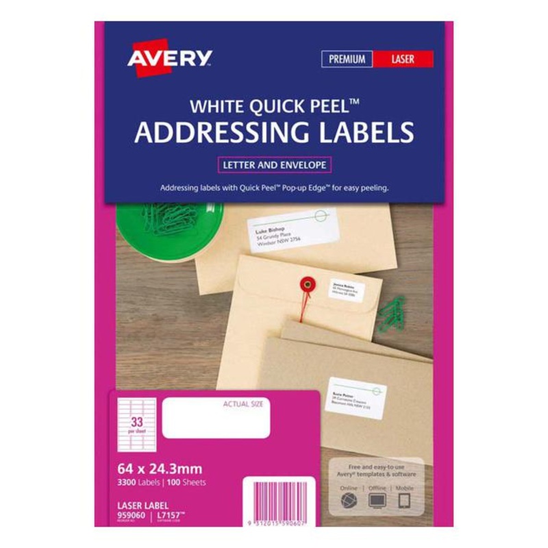Avery Label L7157-100 64x24.3mm 33up 100 Sheets