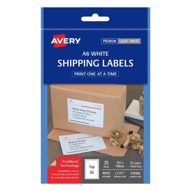 Avery Label L7175 Shipping A6 105x148mm 1up 25 Sheets