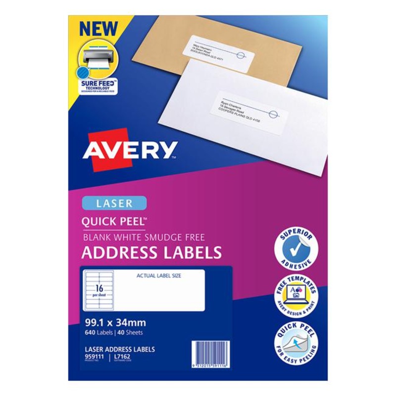 Avery Quick Peel Address Labels L7162 White 99.1x34 16up 40 Sheets