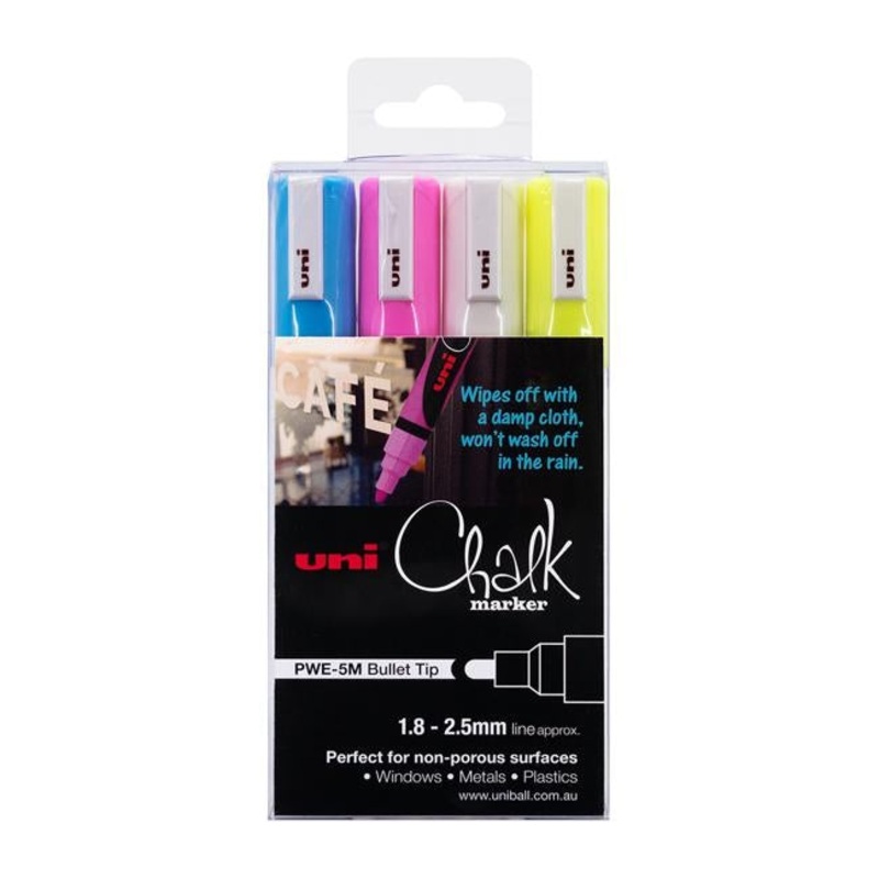 Uni Chalk Marker 1.8-2.5mm Bullet Tip 4 Piece Asstd PWE-5M