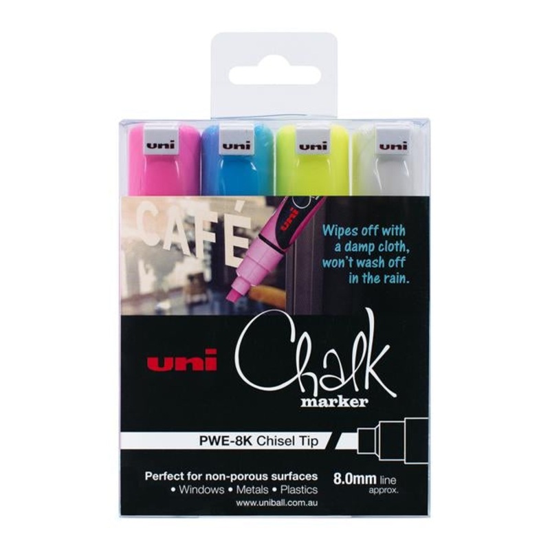 Uni Chalk Marker 8.0mm Chisel Tip 4 Pack PWE-8K