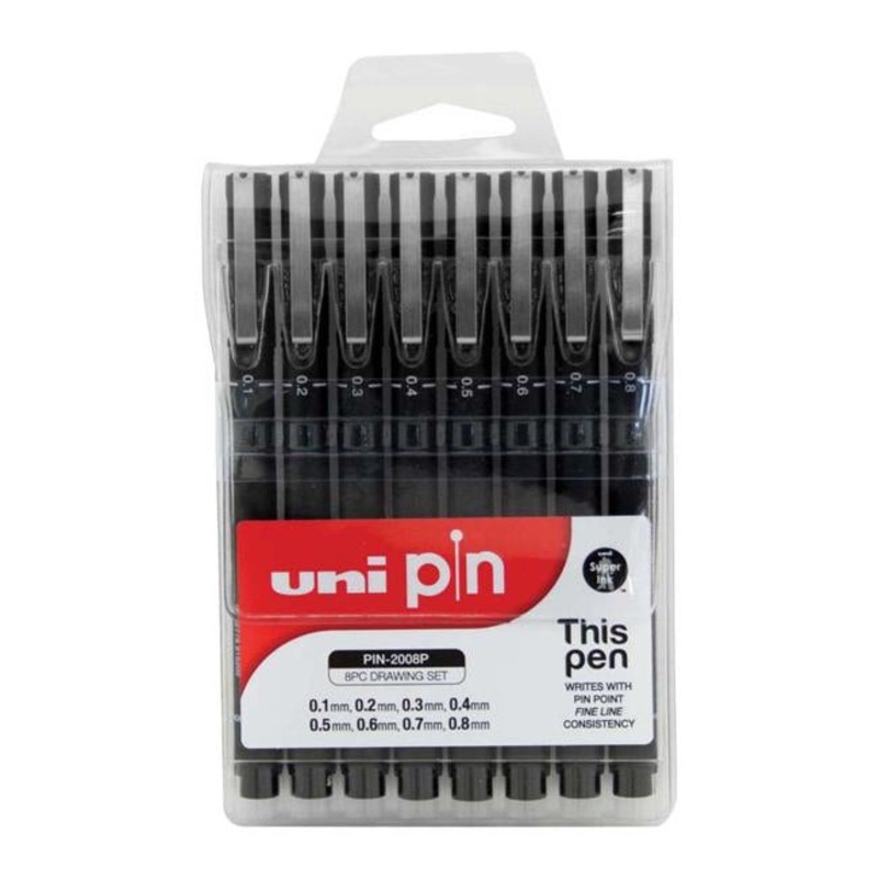 Uni Pin Fineline Permanent Drawing Set 8 Piece