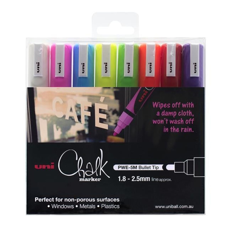 Uni Chalk Marker 1.8-2.5mm Bullet Tip 8 Piece Asstd PWE-5M