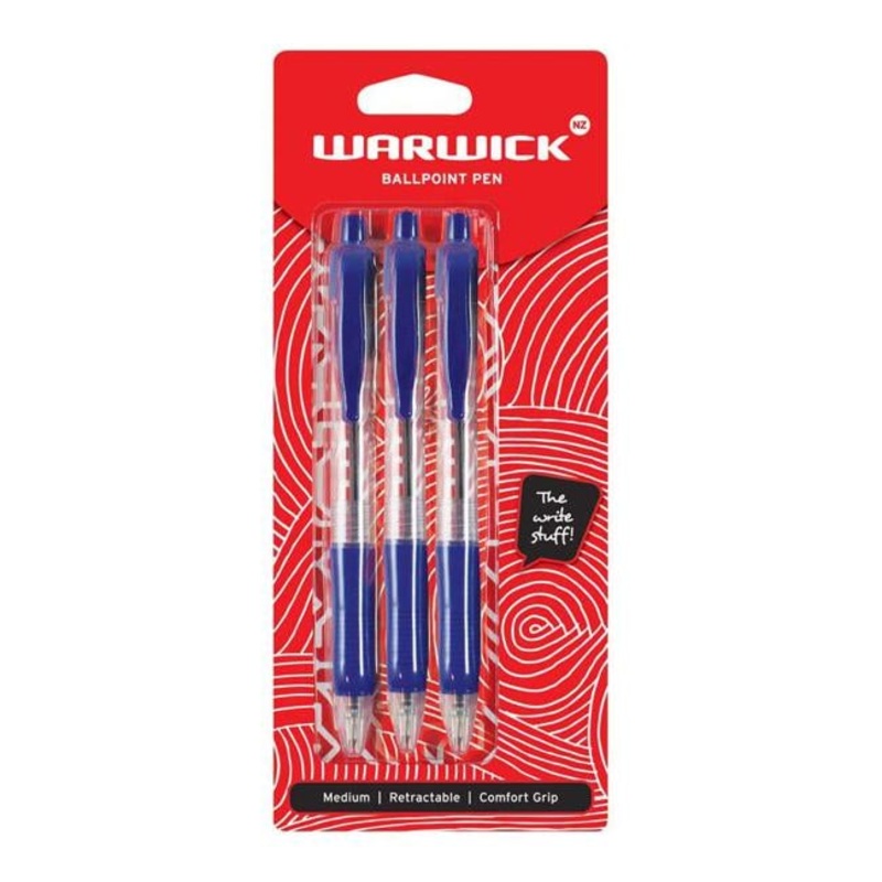 Warwick Pen Ballpoint Blue Retractable Medium Comfort Grip 3 Pack