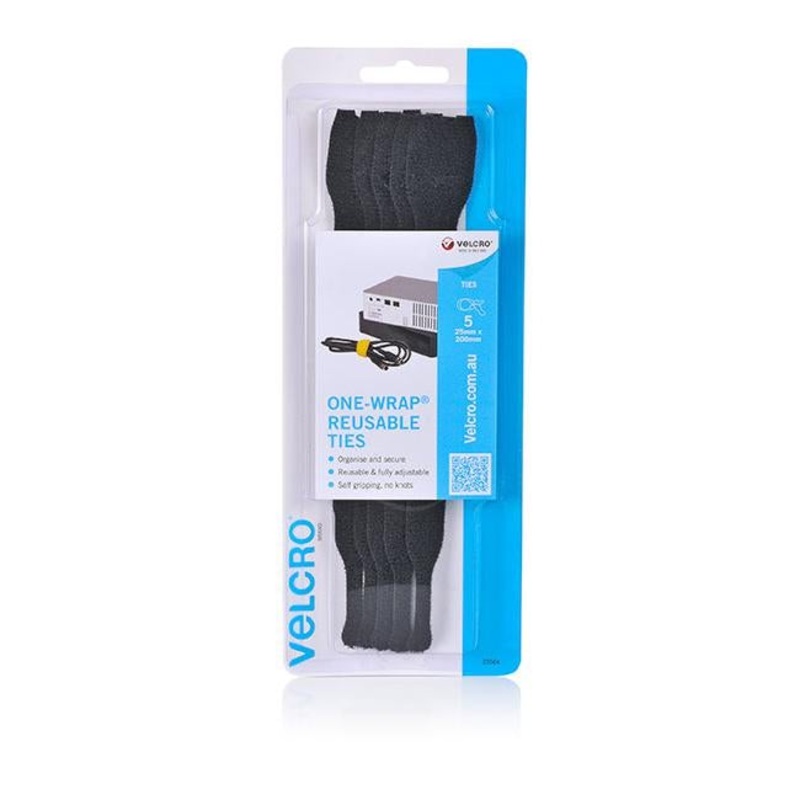 Velcro brand one-wrap 5 pack pre formed reusable ties 25mm x 200m black