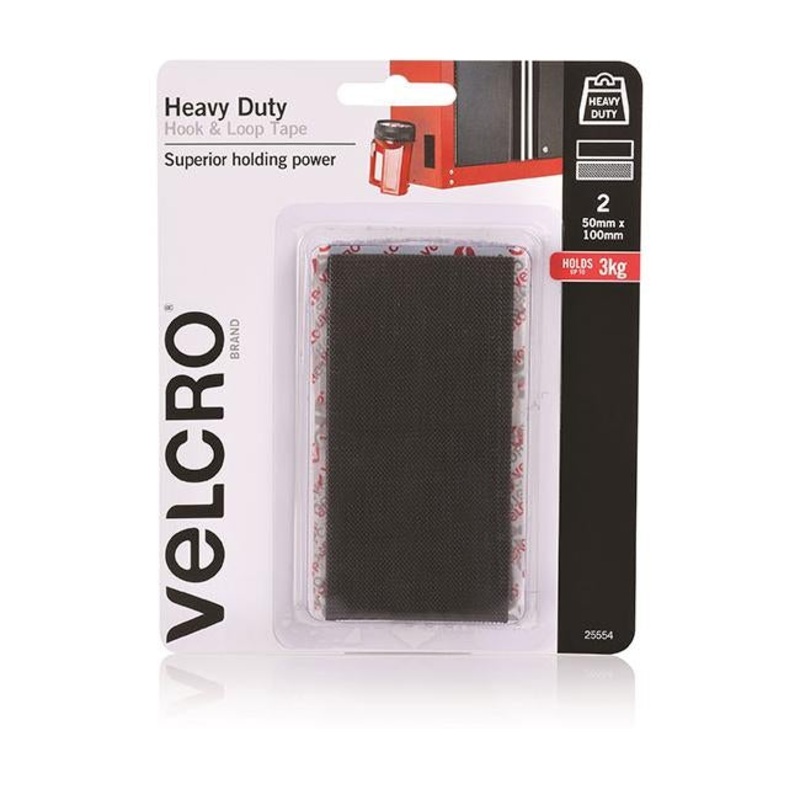 Velcro brand stick on heavy duty hook & loop tape 50x100mm black pk2