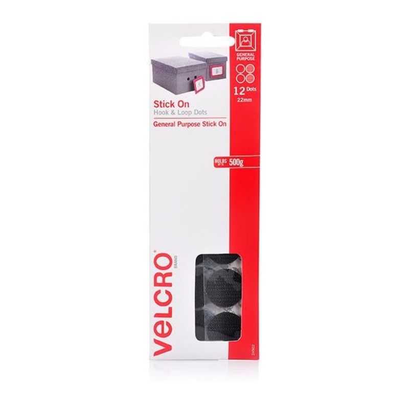 Velcro brand stick on hook & loop dots 12 dots 22mm black