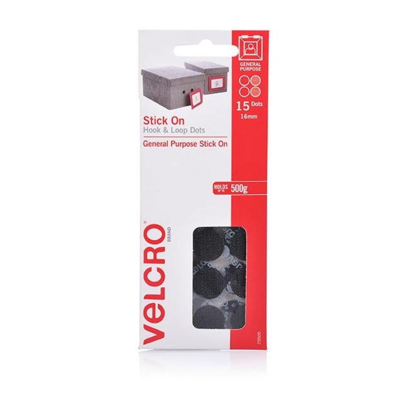 Velcro brand stick on hook & loop dots 15 dots 16mm black