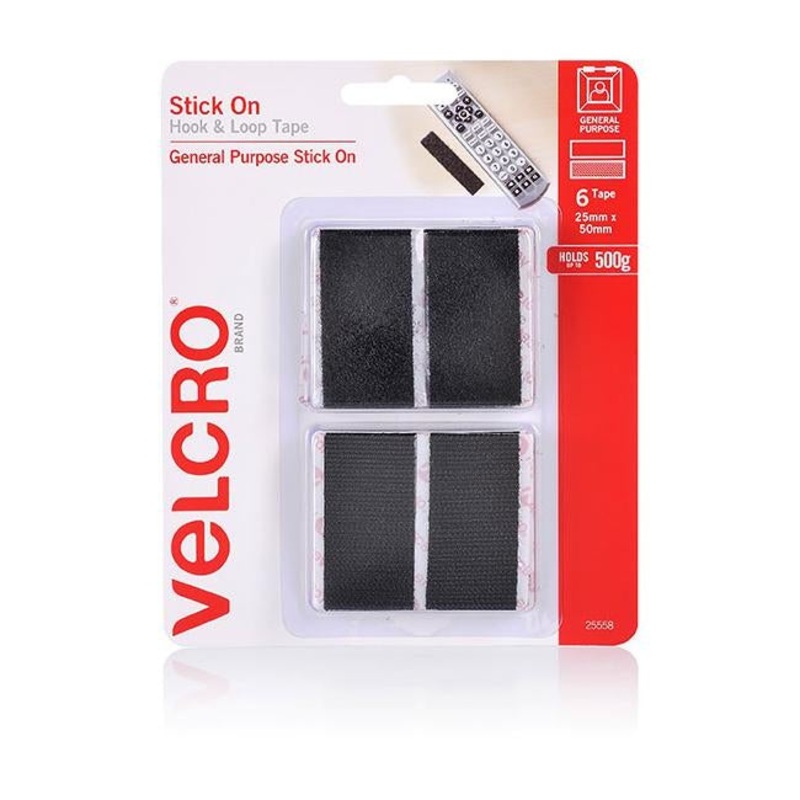 Velcro brand stick on hook & loop rectangles 6 sets 25mm x 50mm black