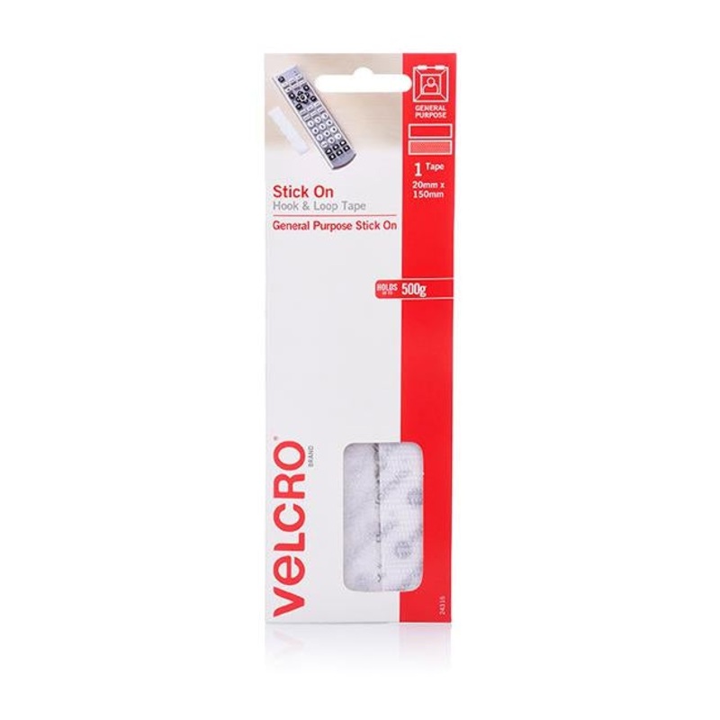Velcro brand stick on hook & loop strips 20mm x 150mm white pk1