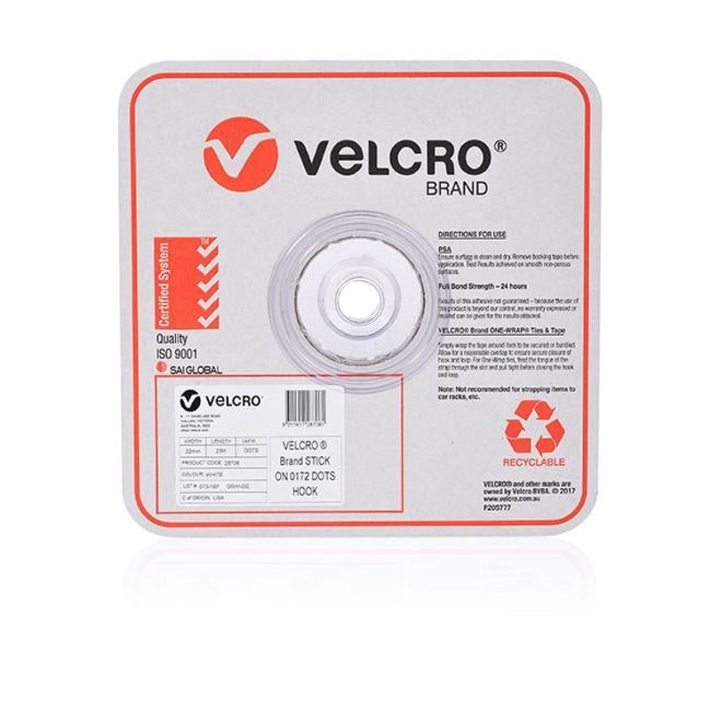 Velcro brand stick on hook only dots 22mm 900 dots white