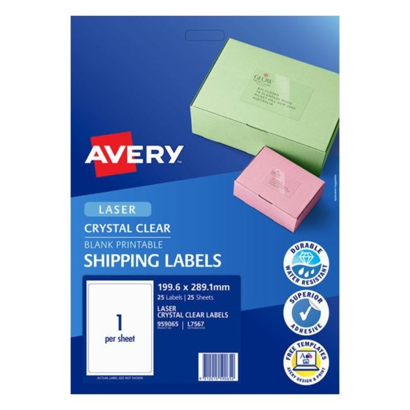 Avery Label L7567-25 Crystal Clear 199.6289.1mm 25 Sheets