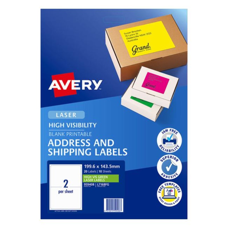 Avery Shipping Label L7168fg Fluoro Green 2 Up 10 Sheets Laser 199.6143.5mm