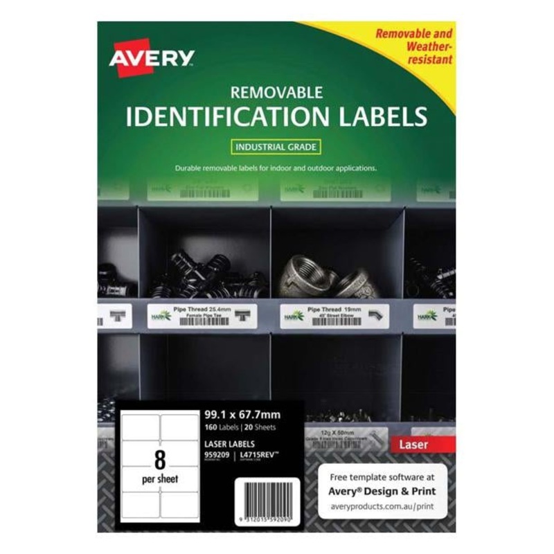 Avery Weather Resistant Label L4715 White 8 Up 20 Sheets Laser 99.1x67.7mm Removable
