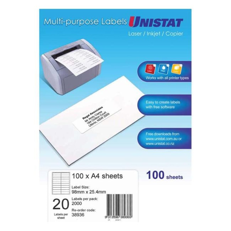 Unistat Label DL 20up 98x25.4 20up 100 Sheets