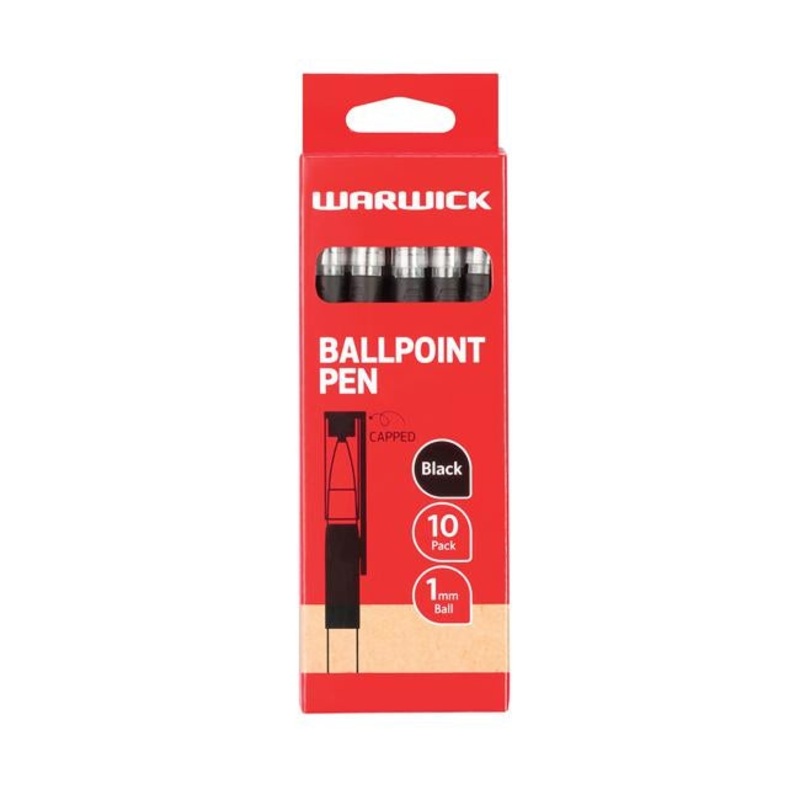 Warwick Pen Ballpoint Black Capped Medium Box 10