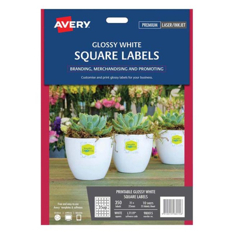 Avery Label L7119 Square White Glossy 35up 10 Sheets