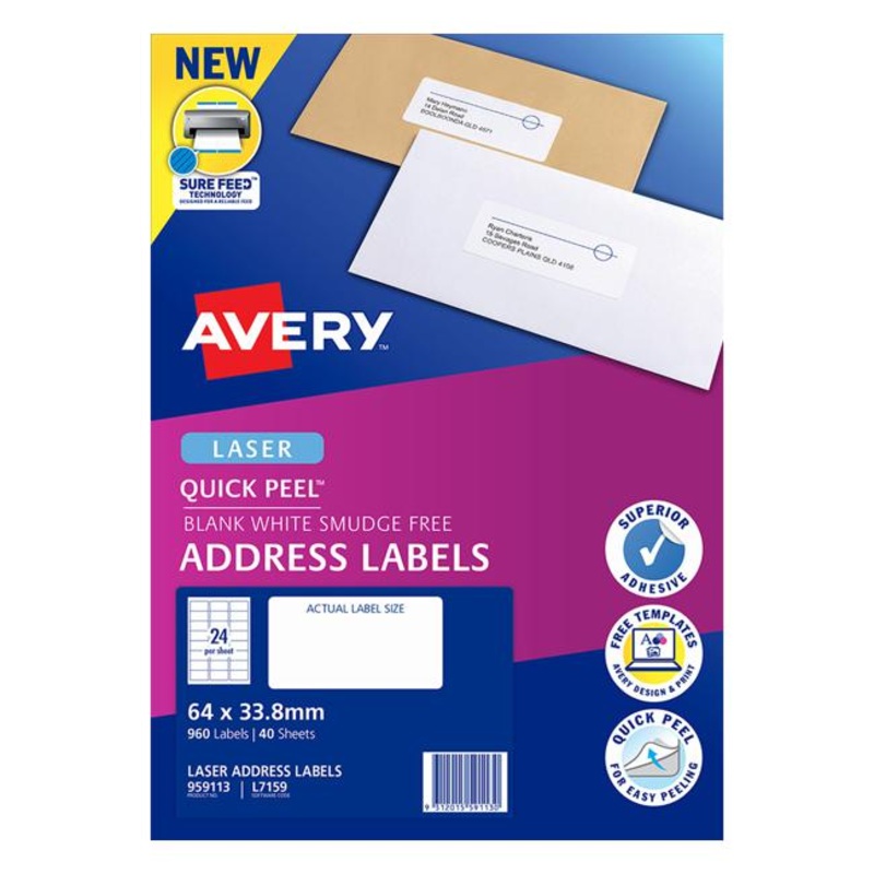 Avery Quick Peel Address Labels L7159 White 64x33.8 24up 40 Sheet