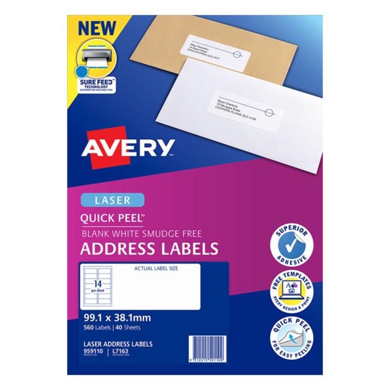 Avery Quick Peel Address Labels L7163 White 99.1x38.1mm 14up 40 Sheets