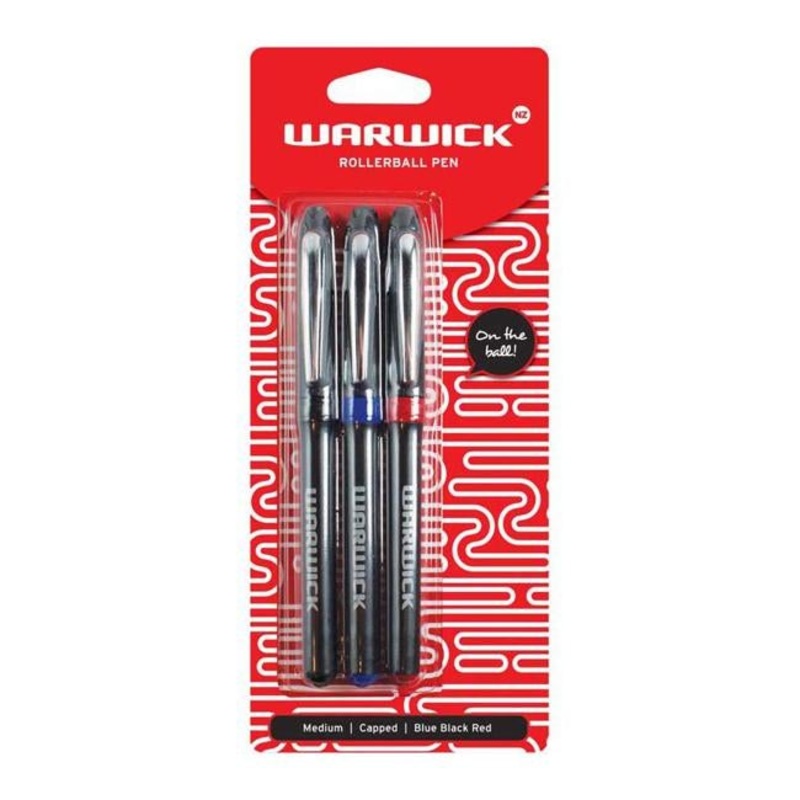 Warwick Pen Rollerball Capped Medium Blue Black Red 3 Pack