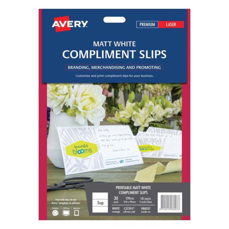 Avery Compliment Card C32295 Matt White D/S 3 Up 10 Sheets Laser 210x99mm