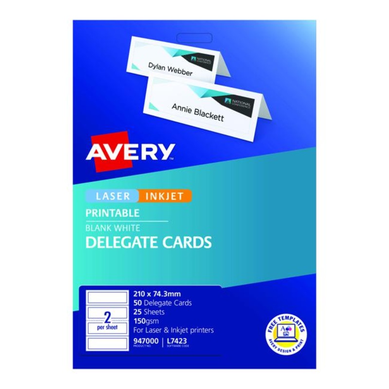 Avery Delegate Cards 210x74.3mm 50 Cards 25 Sheets Inkjet Laser