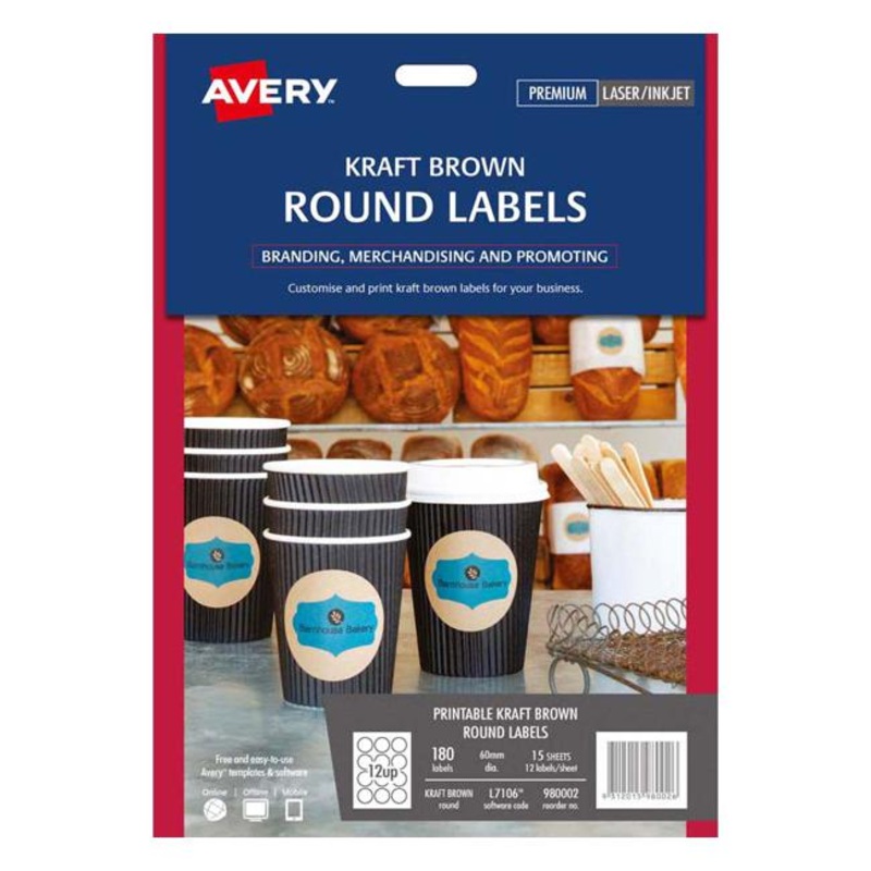 Avery Label L7106 Round Kraft 60mm 12up 15 Sheets
