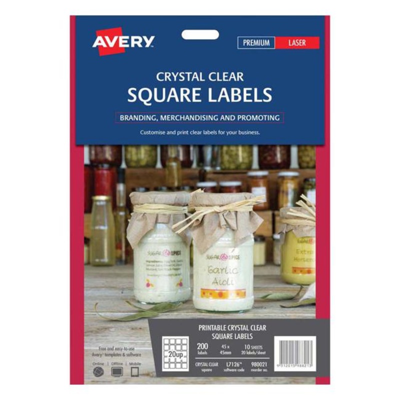 Avery Label L7126 Square Crystal Clear 20up 10 Sheets
