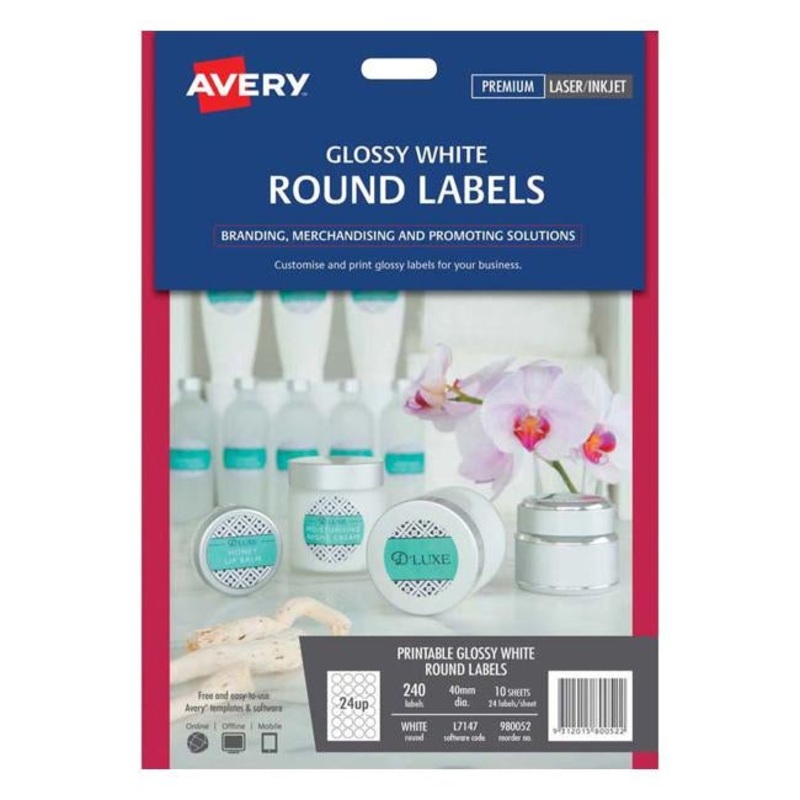 Avery Label L7147 White Gloss Round 40mm 24up 10 Sheets
