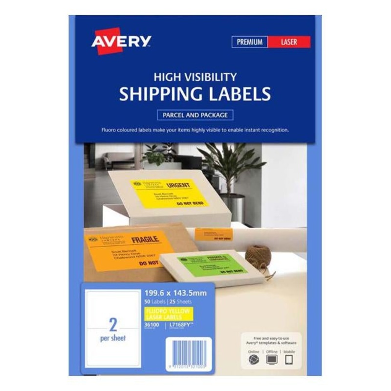 Avery Shipping Label L7168FY Fluoro Yellow 199.6x143.5mm 2up 25 Sheets
