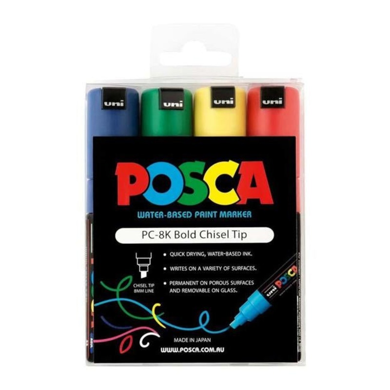 Uni Posca Marker 8.0mm Bold Chisel 4 Pack Asstd PC-8K