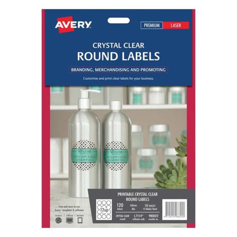 Avery Label L7114 Round Crystal Clear 60mm 12up 10 Sheets
