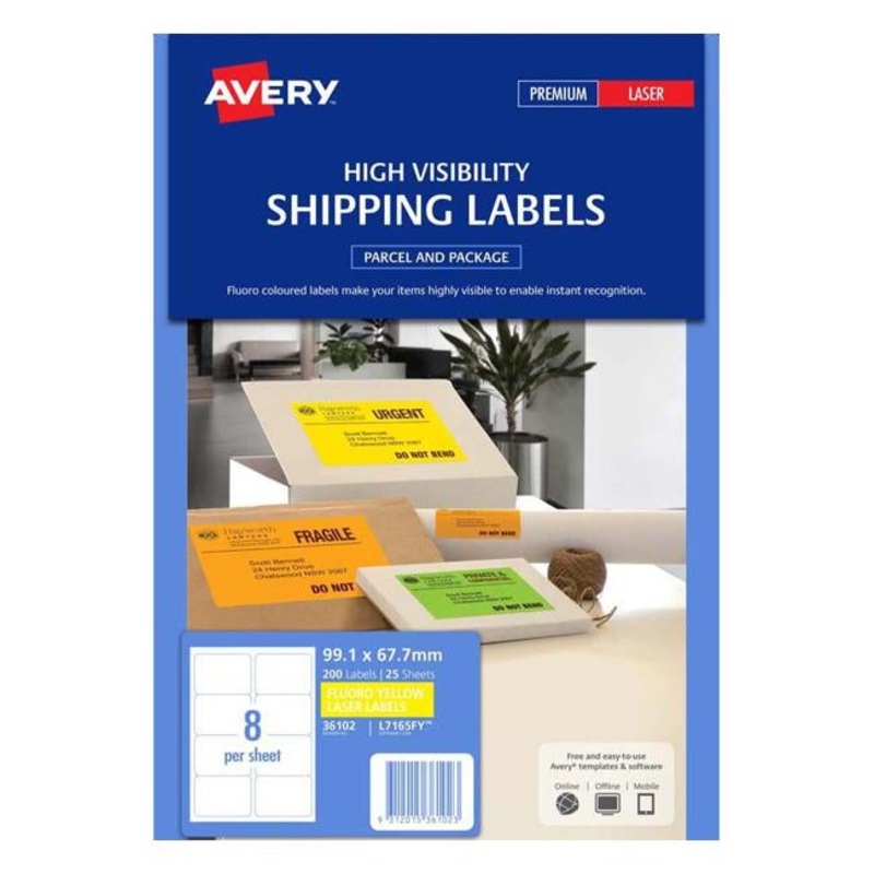 Avery Shipping Label L7165FY Fluoro Yellow 99.1x67.7mm 8up 25 Sheets